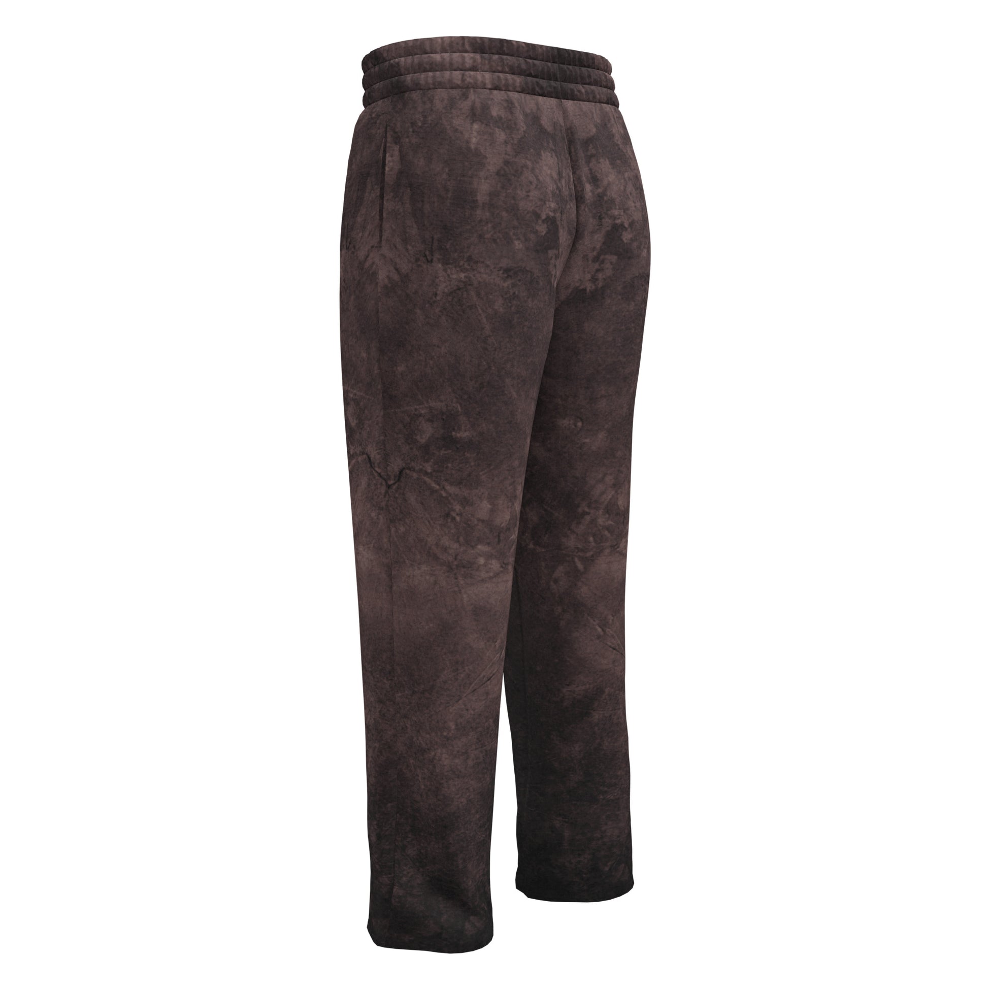 A pair of custom wide leg joggers that have a dark washed brown pattern all over the pants and come with a black string around the waistband.