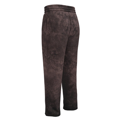 A pair of custom wide leg joggers that have a dark washed brown pattern all over the pants and come with a black string around the waistband.