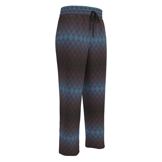 A pair of unisex wide leg sweatpants that have a ombre diamond pattern that fades from deep maroon to a light blue to a turquoise blue then back to a deep maroon again.