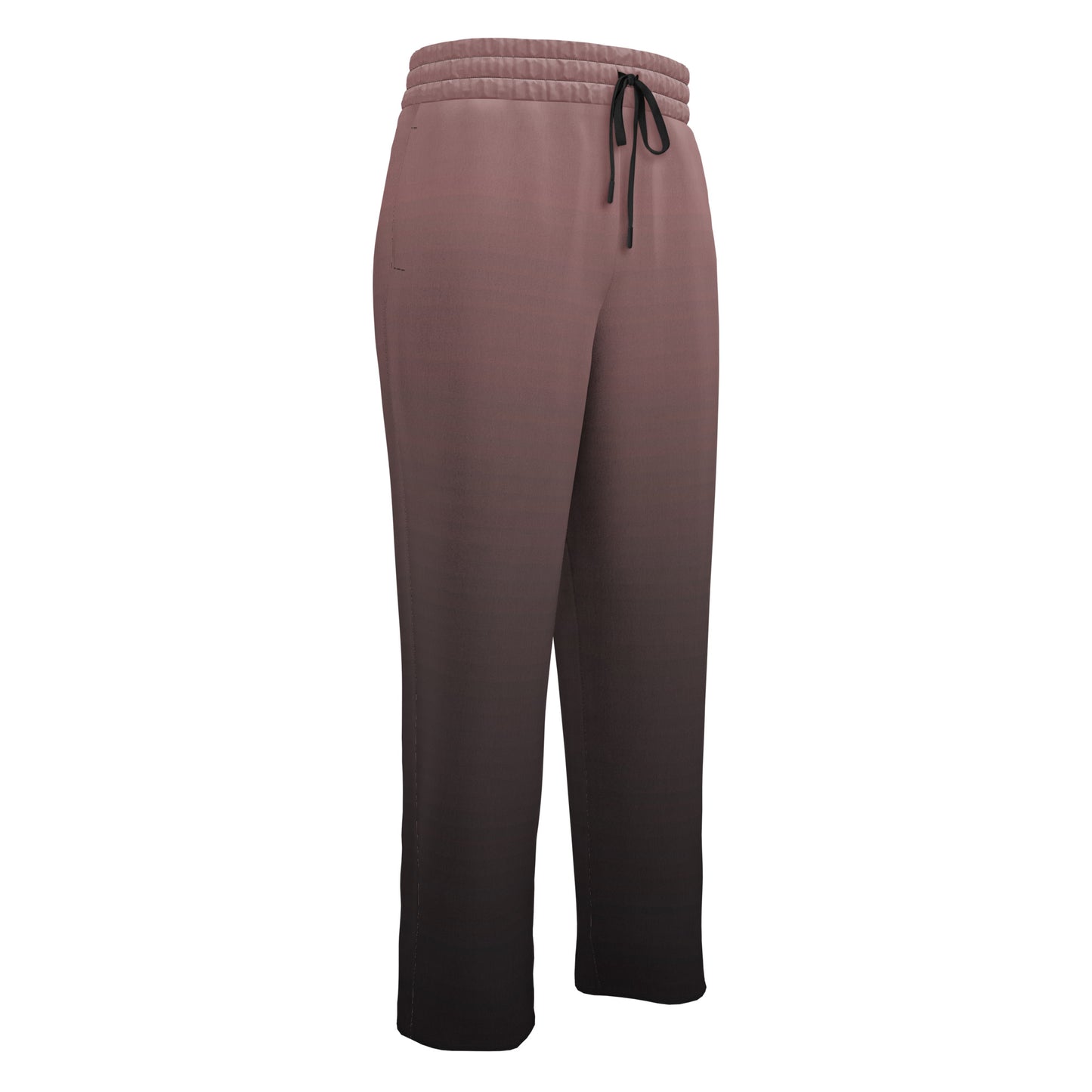 The super soft pair of wide leg unisex joggers that have a ombre pattern starting as a light mauve color on the top of the sweats and fading to a black color at the bottom of the sweats.