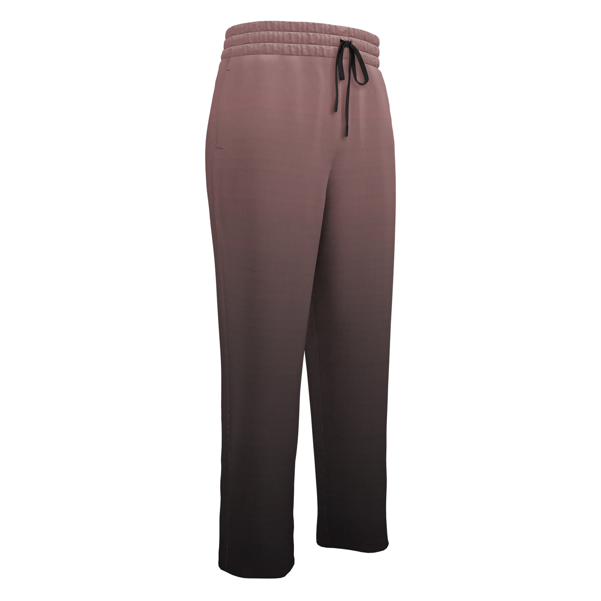 The super soft pair of wide leg unisex joggers that have a ombre pattern starting as a light mauve color on the top of the sweats and fading to a black color at the bottom of the sweats.