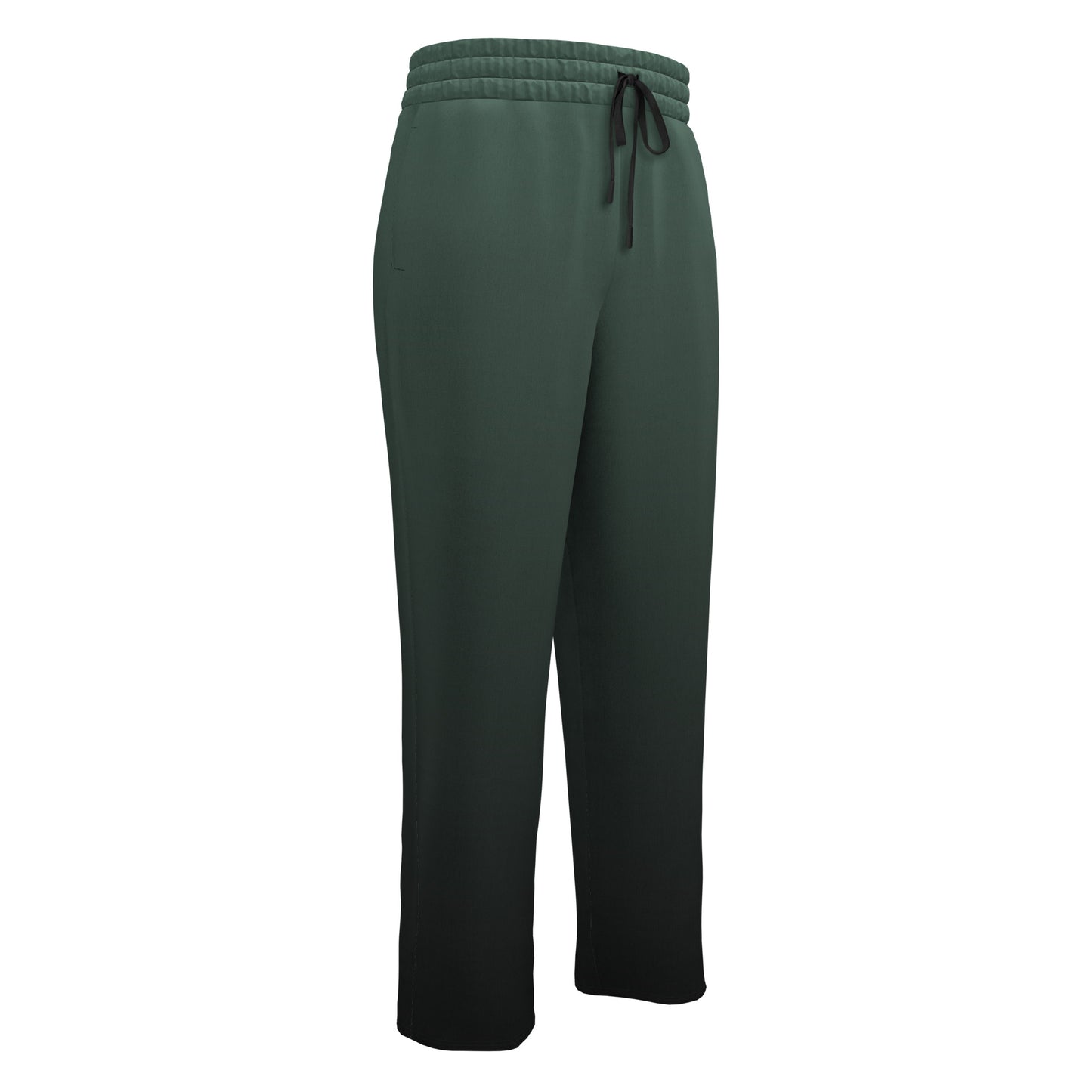 A custom pair of handmade unisex joggers that have an ombre pattern, the top of the pants have a teal green color that shifts to black at the bottom of the sweatpants, there is a black tie around the waist.