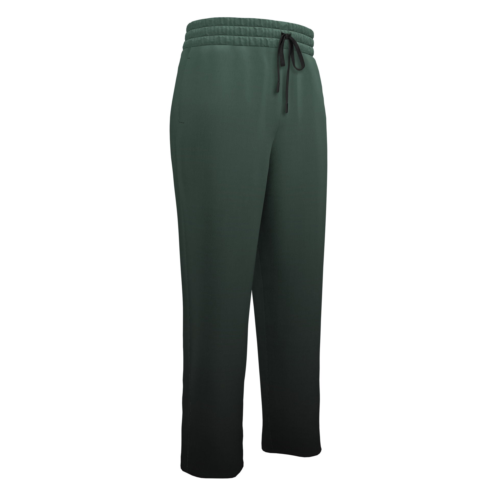 A custom pair of handmade unisex joggers that have an ombre pattern, the top of the pants have a teal green color that shifts to black at the bottom of the sweatpants, there is a black tie around the waist.