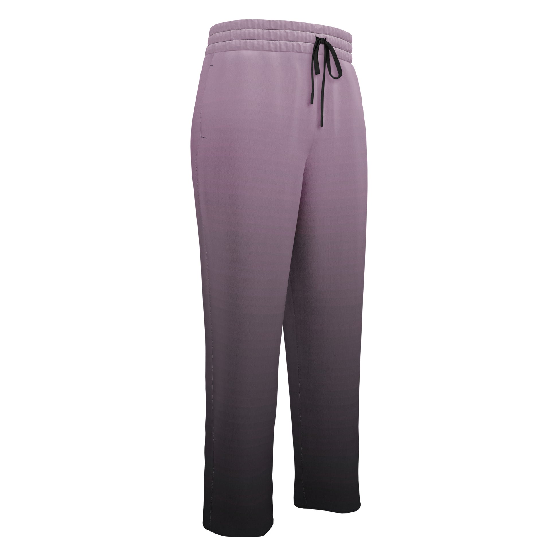A pair of unisex wide leg joggers that have a ombre pattern starting with a lilac purple at the top then fading to a black at the bottom, the strings are black as well on this pair of pants.