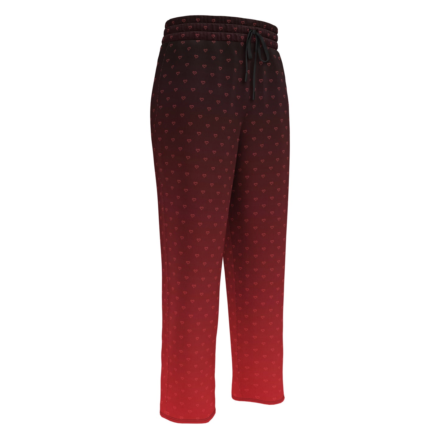 A pair of wide leg ombre sweatpants with the top of the sweats being black and then it fading to a bright red at the bottom of the pants, there are a bunch of red hearts overlayed on the top that then blend into the same shade of red at the bottom of the sweats.