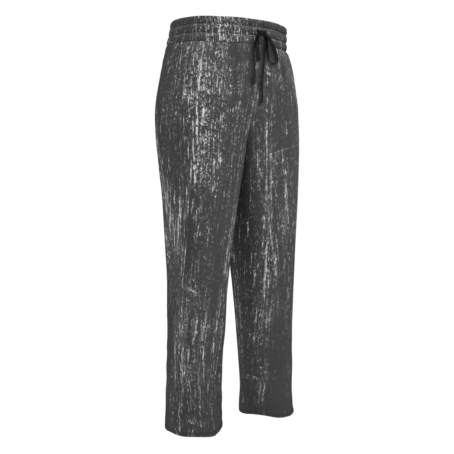 A pair of super soft unisex wide leg joggers that are mainly black all over with white lines running throughout the entire pair of pants making them look like they have been scratched up.