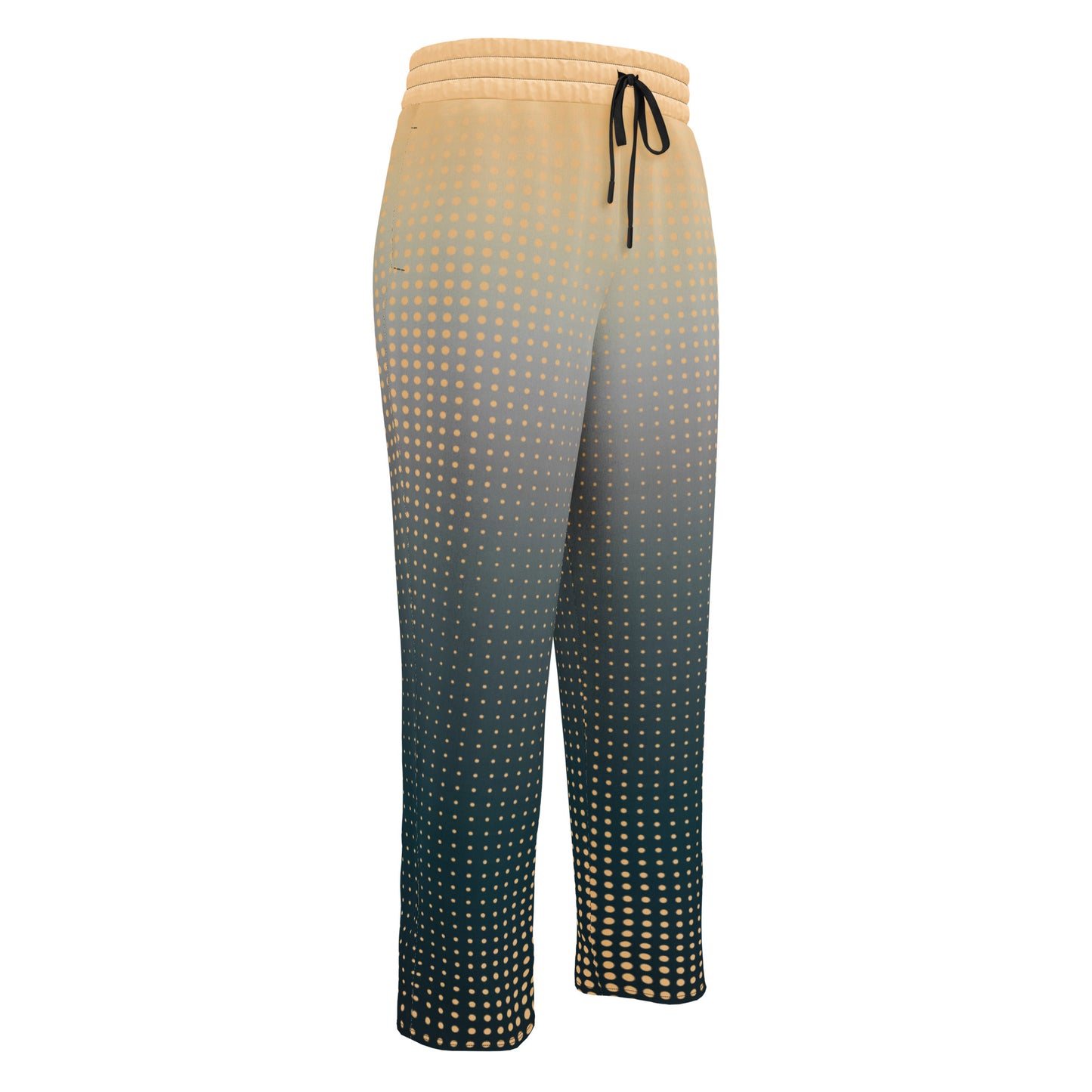 A pair of super soft unisex style wide leg jogger with a ombre pattern that starts as a light orange on the top the fades to a deep teal in the middle of the sweats, there is a polka dot pattern that is light orange throughout the top as well.