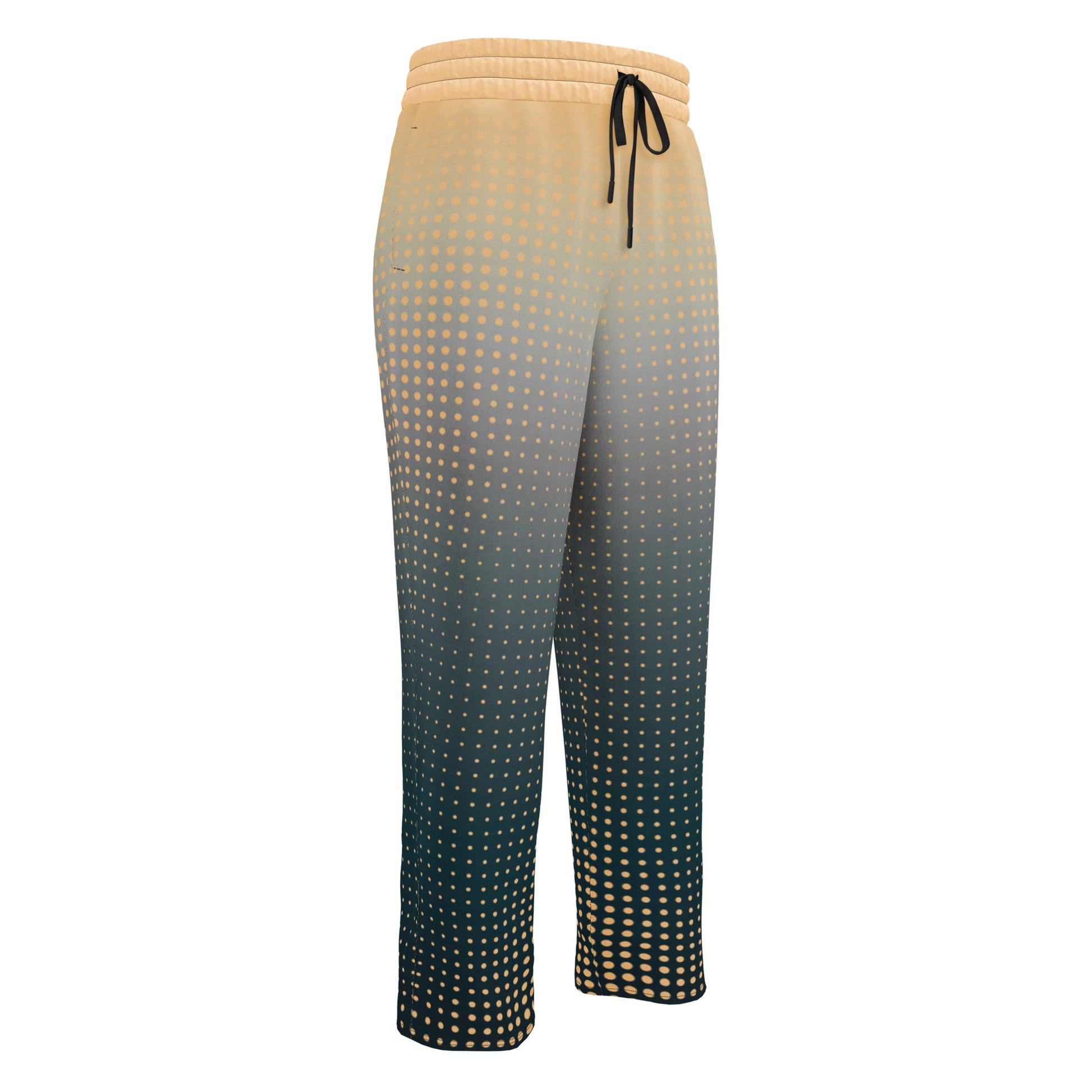 A pair of super soft unisex style wide leg jogger with a ombre pattern that starts as a light orange on the top the fades to a deep teal in the middle of the sweats, there is a polka dot pattern that is light orange throughout the top as well.