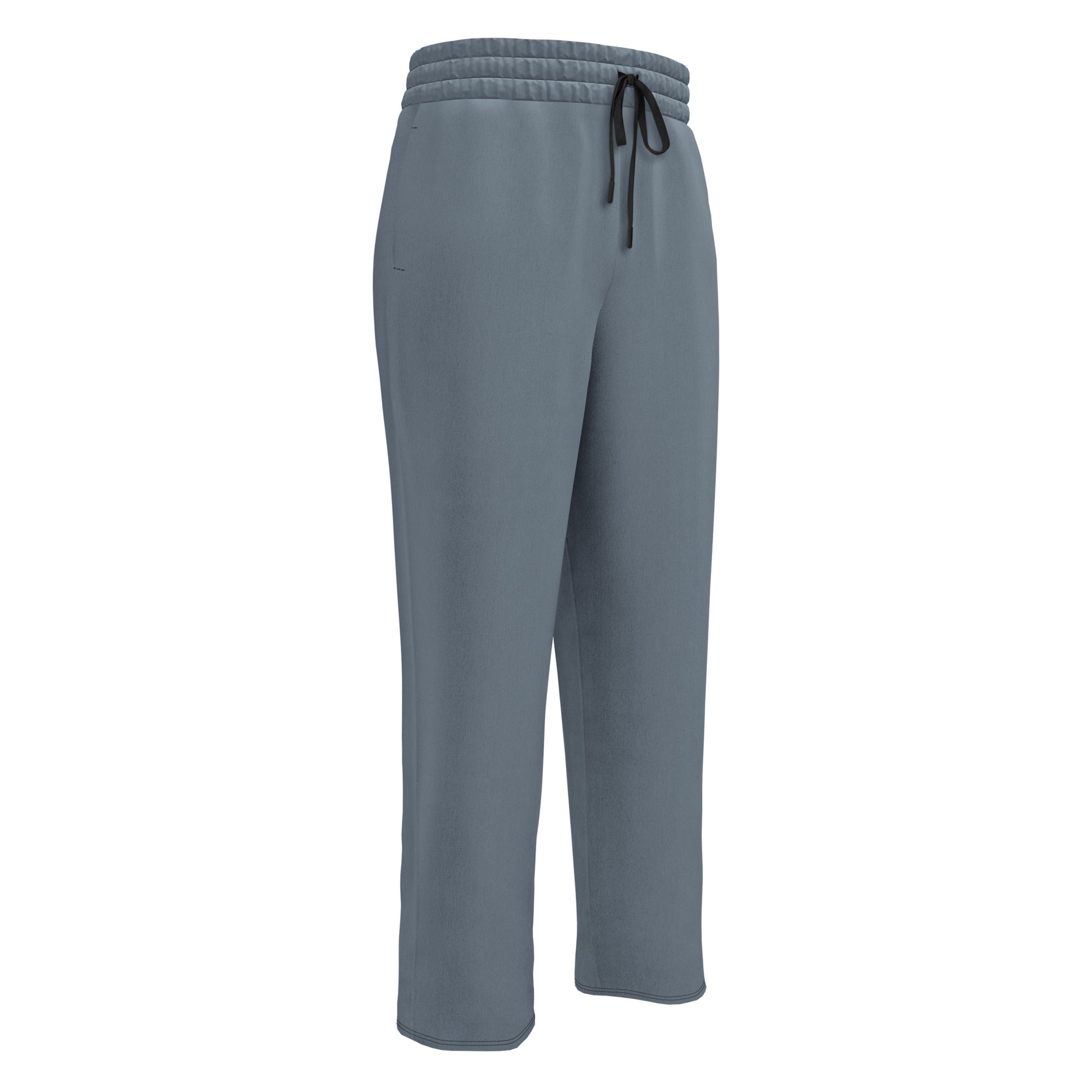 The entire pair of unisex wide leg joggers are a slate grey in color with the strings of the pants being black.