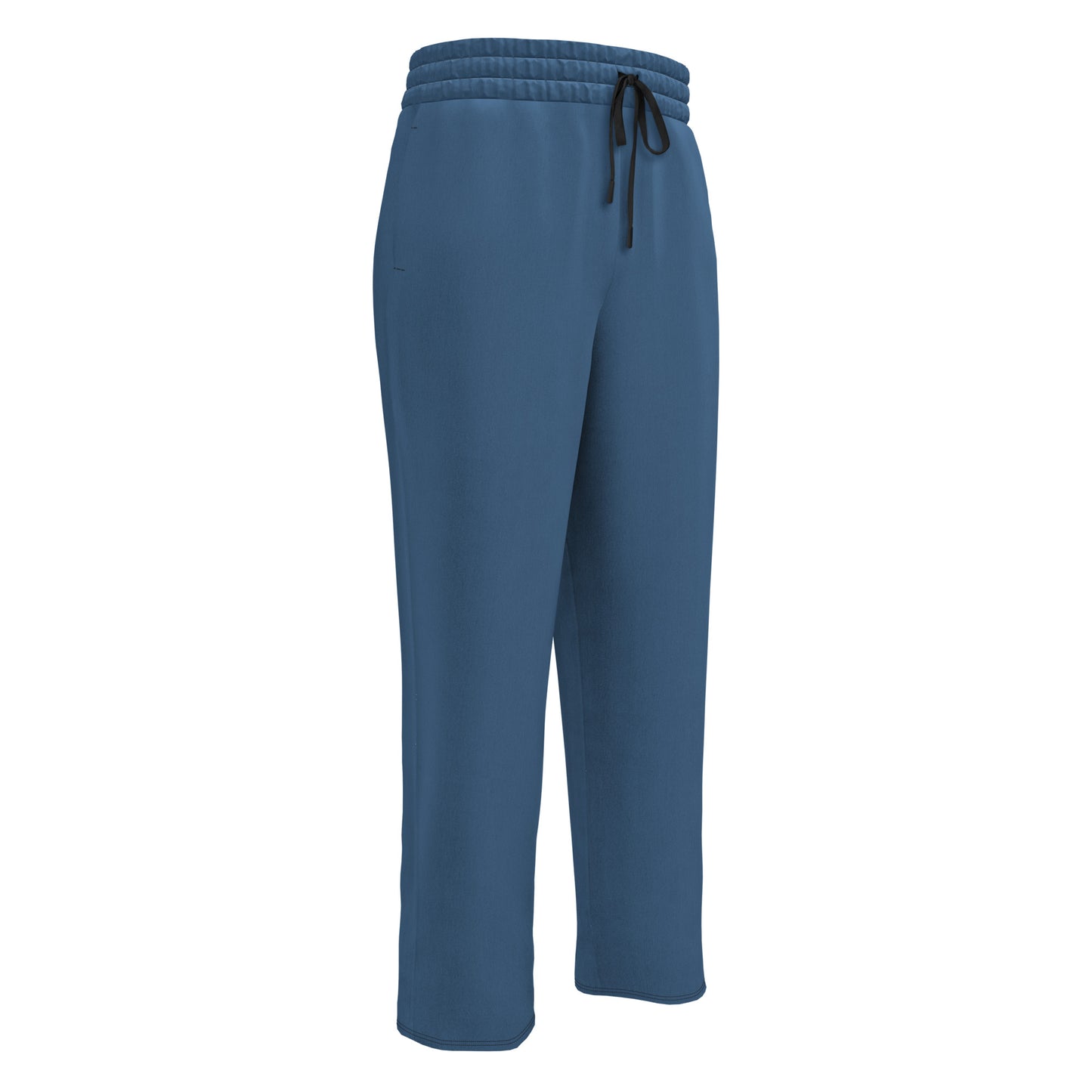 A pair of unisex wide leg joggers that are a ocean blue color from the top to the bottom with the strings of the sweats being black.