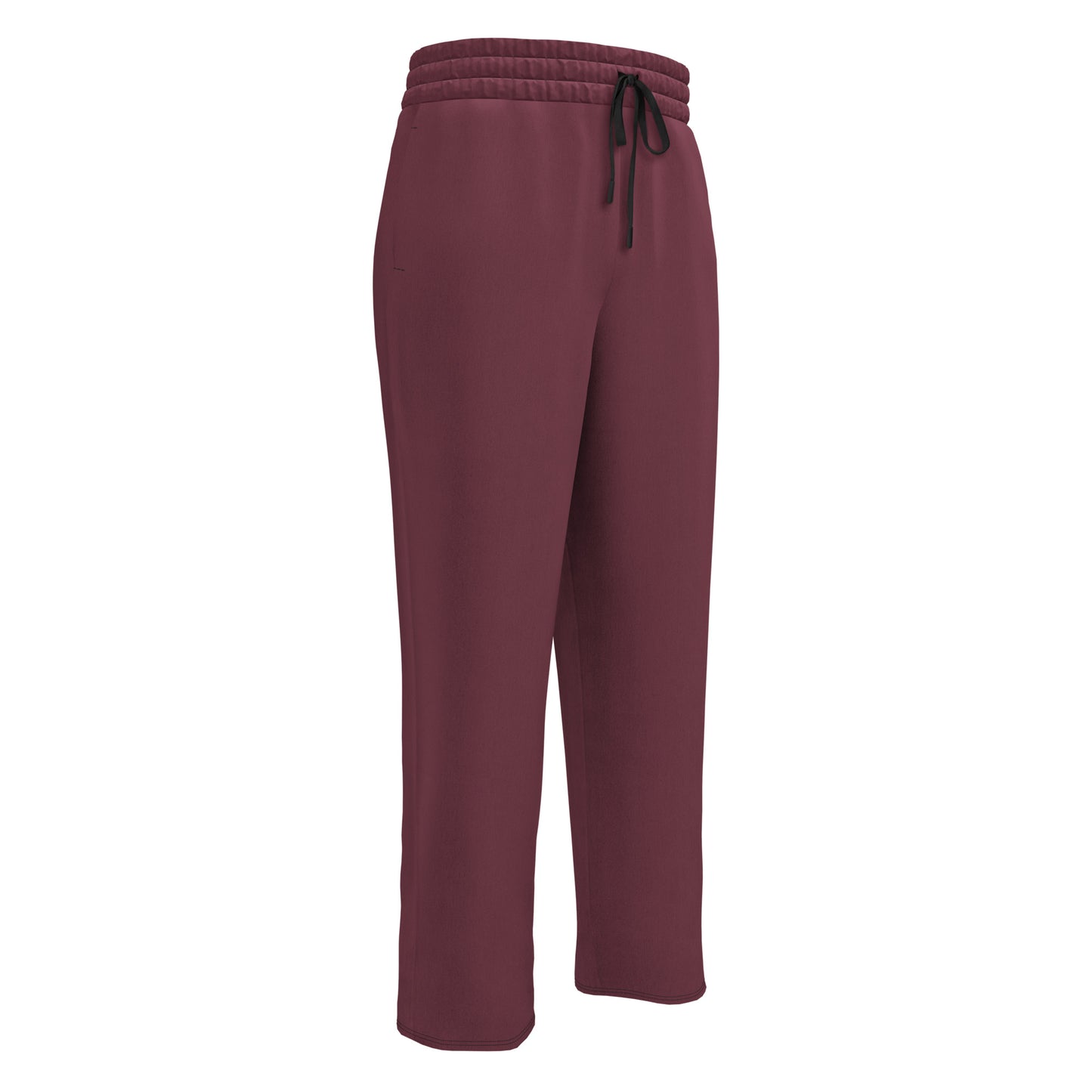 These wide legged joggers are all a deep maroon in color from top to bottom with black strings around the waistband.