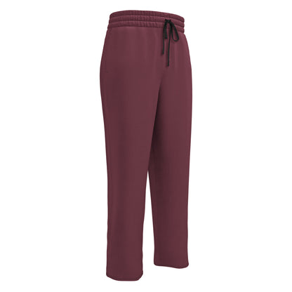These wide legged joggers are all a deep maroon in color from top to bottom with black strings around the waistband.
