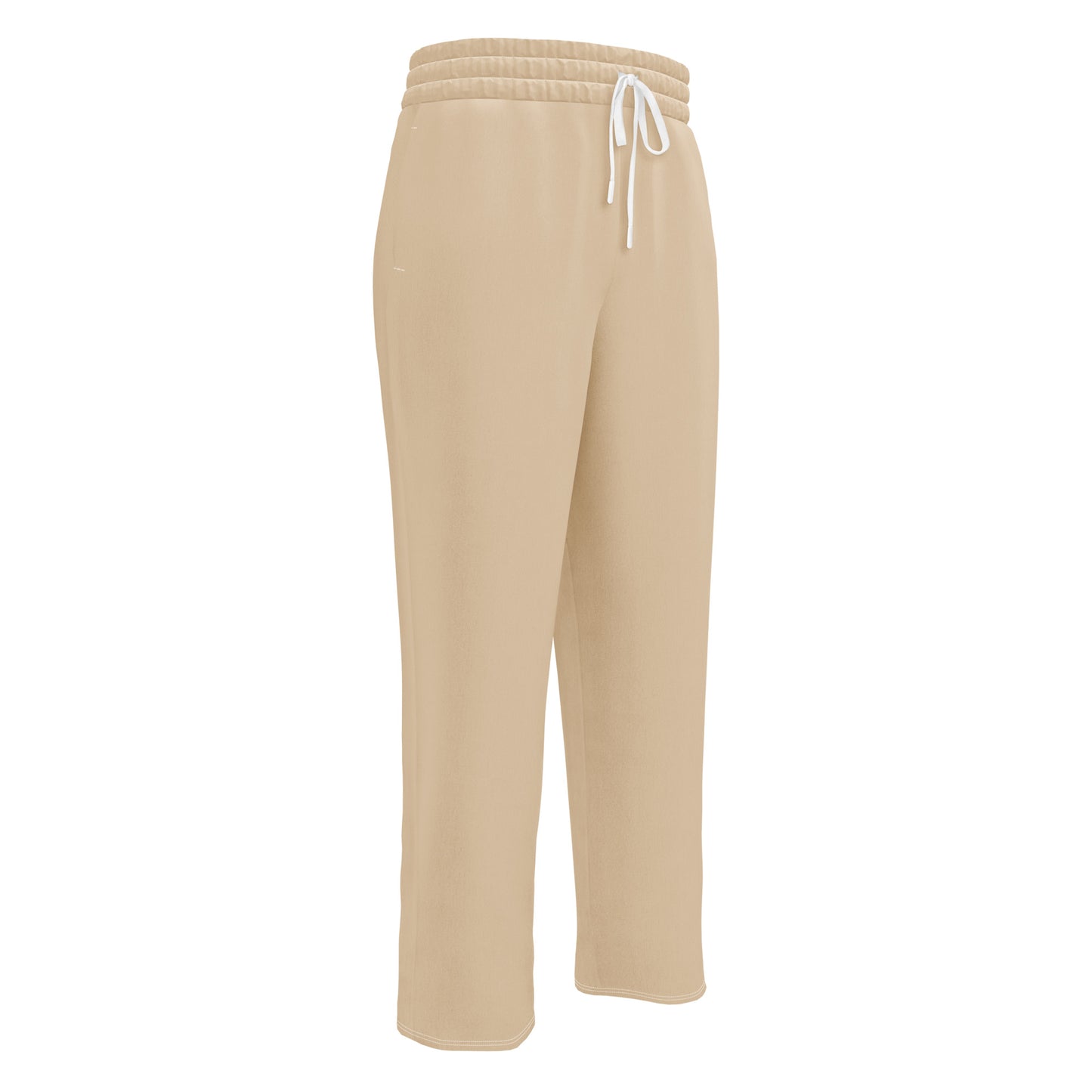 A pair of wide legged custom joggers that are light beige in color with white strings around the waistband.