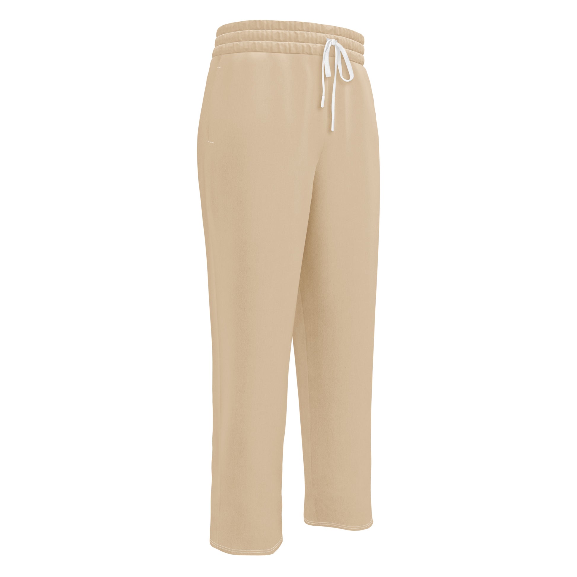 A pair of wide legged custom joggers that are light beige in color with white strings around the waistband.