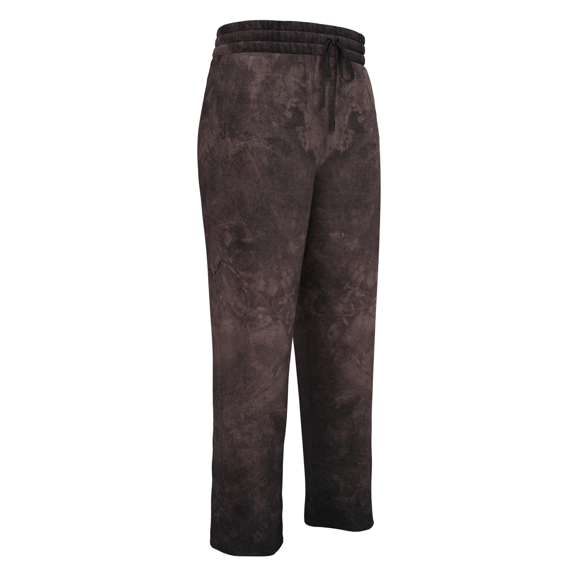 A pair of custom wide leg joggers that have a dark washed brown pattern all over the pants and come with a black string around the waistband.