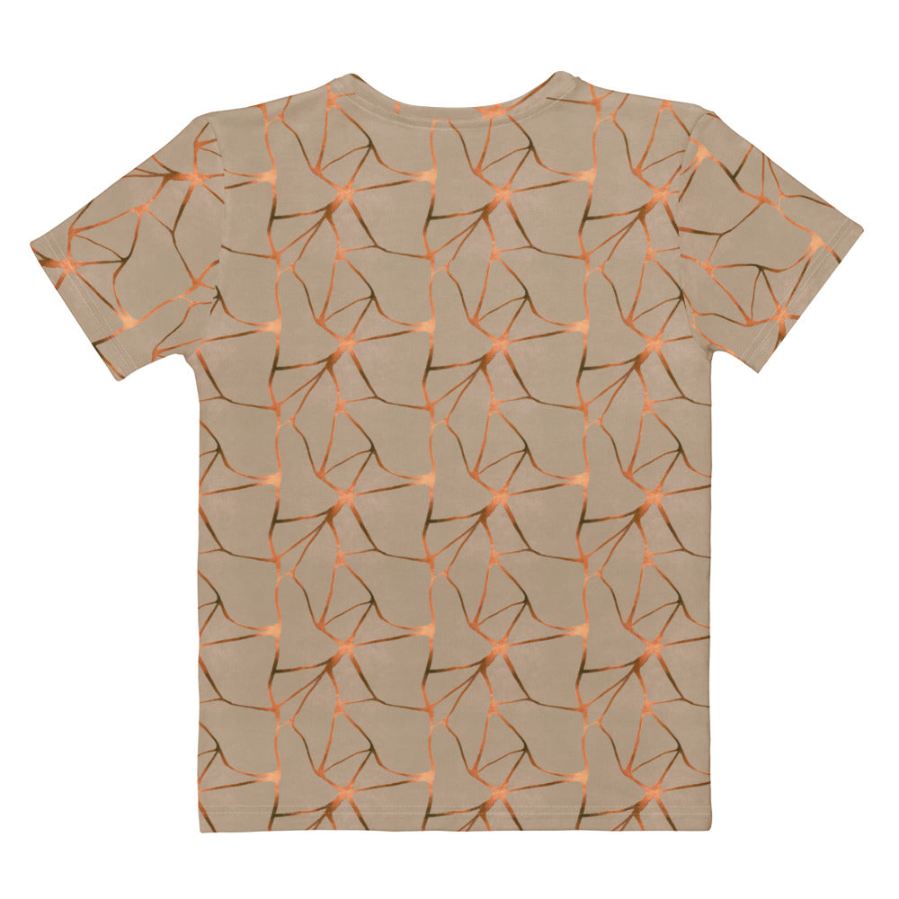 This all over print handmade women's custom t-shirt is beige all over with copper lines that go in a abstract pattern, the copper lines shine more in some places then in others giving it a metallic look.
