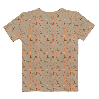 This all over print handmade women's custom t-shirt is beige all over with copper lines that go in a abstract pattern, the copper lines shine more in some places then in others giving it a metallic look.