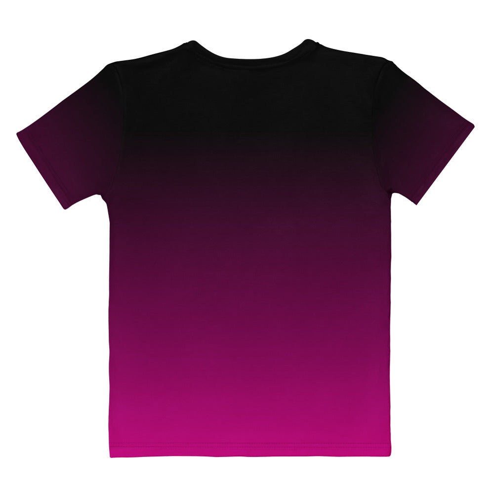 This custom handmade women's short sleeve shirt is a vibrant hot pink at the bottom then it fades in a ombre pattern to a black up at the neckline.
