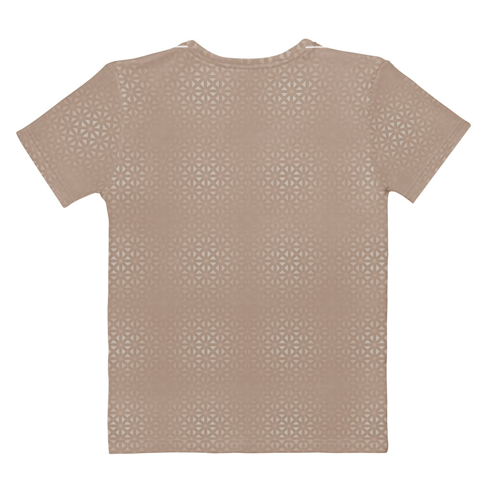 This super soft handmade custom women's shirt is a light beige color with even lighter metallic lines overlayed overtop, it looks like a floral pattern across the entire shirt.