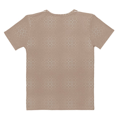 This super soft handmade custom women's shirt is a light beige color with even lighter metallic lines overlayed overtop, it looks like a floral pattern across the entire shirt.