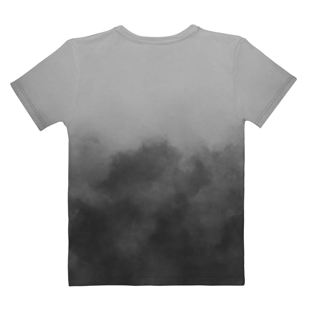 This custom women's short sleeve shirt has a very unique design with the top of the shirt being a light grey and the bottom is a dark slate grey that looks like it's smoke billowing up from the bottom of the shirt to the top of the shirt.