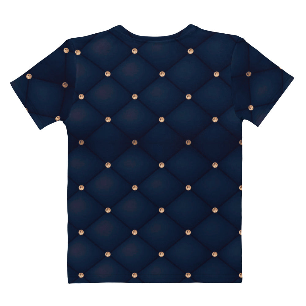 This custom handmade women's short sleeve tee has a quilted diamond pattern in a navy blue, at the crossing of each line there is a diamond that makes this shirt stand out even more.