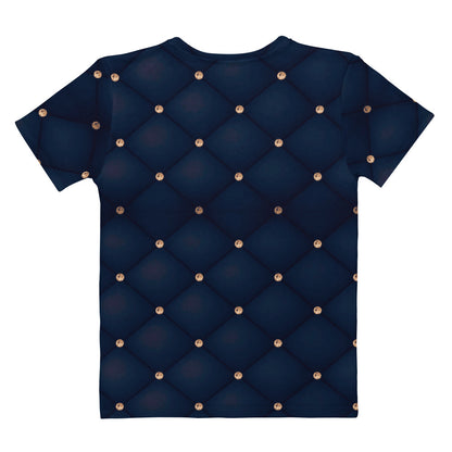 This custom handmade women's short sleeve tee has a quilted diamond pattern in a navy blue, at the crossing of each line there is a diamond that makes this shirt stand out even more.
