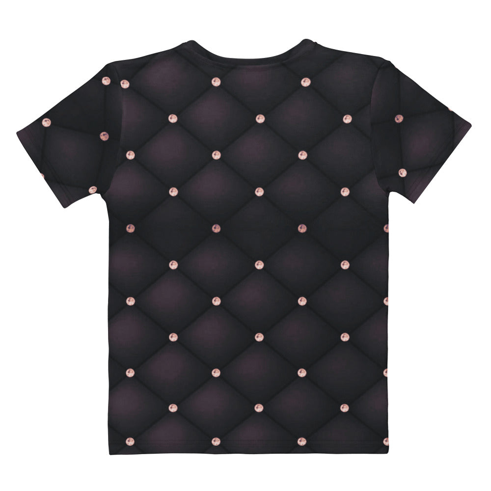 This custom handmade women's t-shirt is an eggplant purple color in a quilted pattern with diamonds on each intersecting line. The lines are a darker shade eggplant giving the shirt a 3d design.