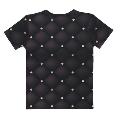This custom handmade women's t-shirt is an eggplant purple color in a quilted pattern with diamonds on each intersecting line. The lines are a darker shade eggplant giving the shirt a 3d design.