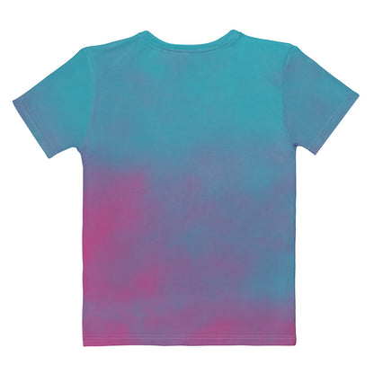 This super soft custom handmade women's t-shirt is a vibrant ocean blue with a hot pink smoke design overlayed coming from the bottom of the shirt and fading to the top.