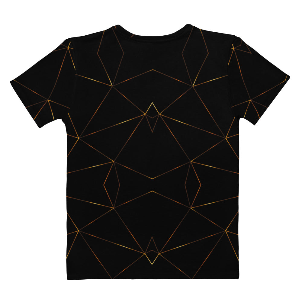 This custom designed handmade women's t-shirt is all black with gold lines that are throughout the shirt in a geometric pattern, the lines are different shades of gold making it look like it is glowing.