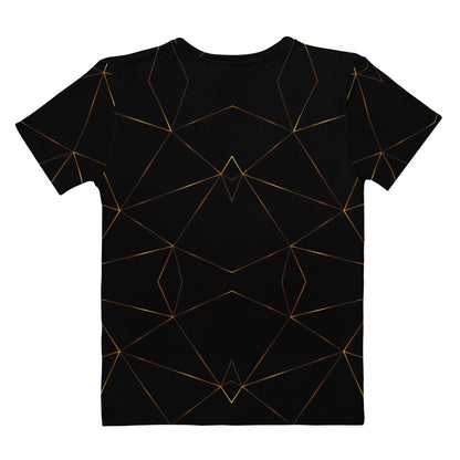 This custom designed handmade women's t-shirt is all black with gold lines that are throughout the shirt in a geometric pattern, the lines are different shades of gold making it look like it is glowing.