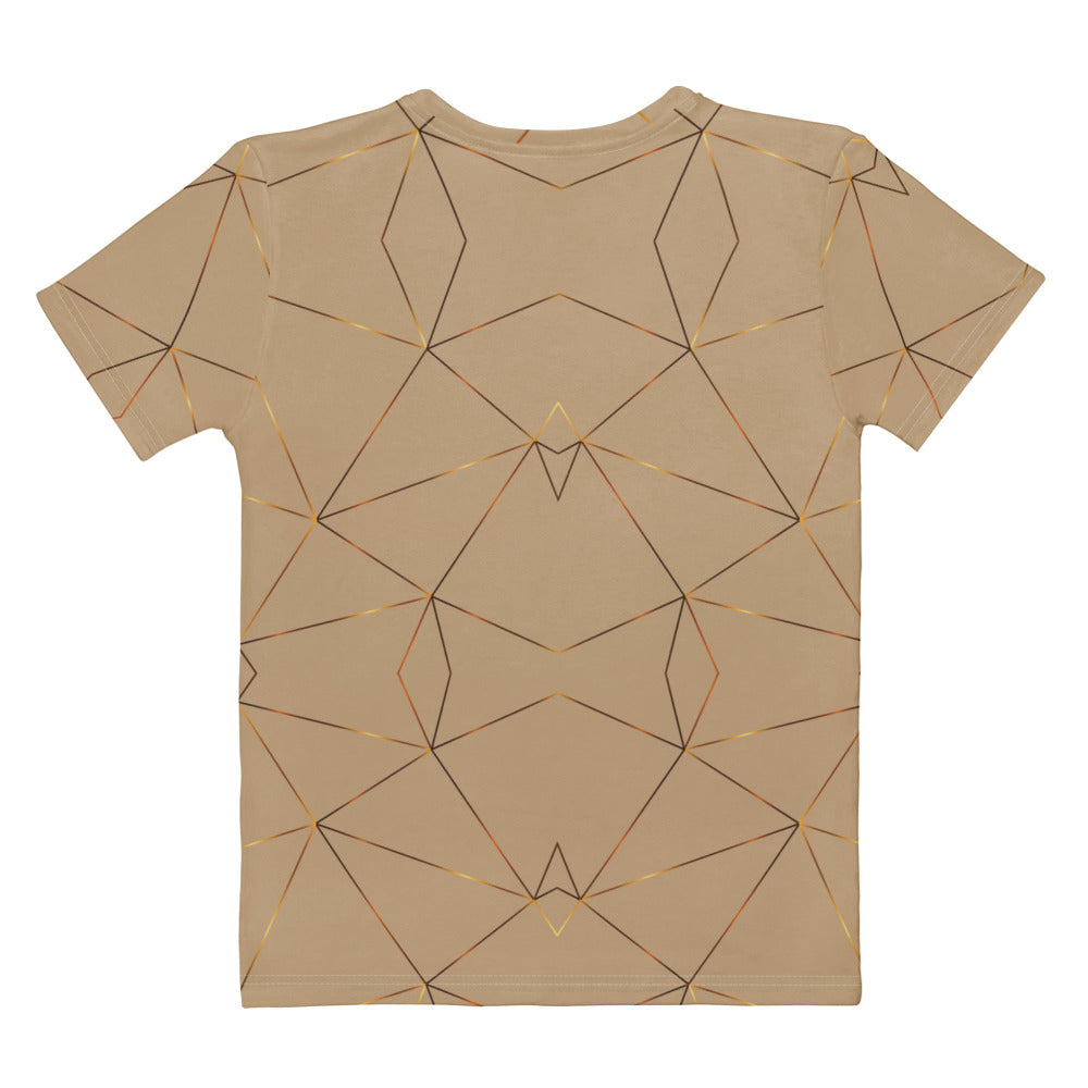 This custom women's handmade short sleeve shirt is a light beige color with with gold lines all over the shirt in a geometric pattern, some spots of the gold lines are brighter than others making it seem like the gold lines are glowing.
