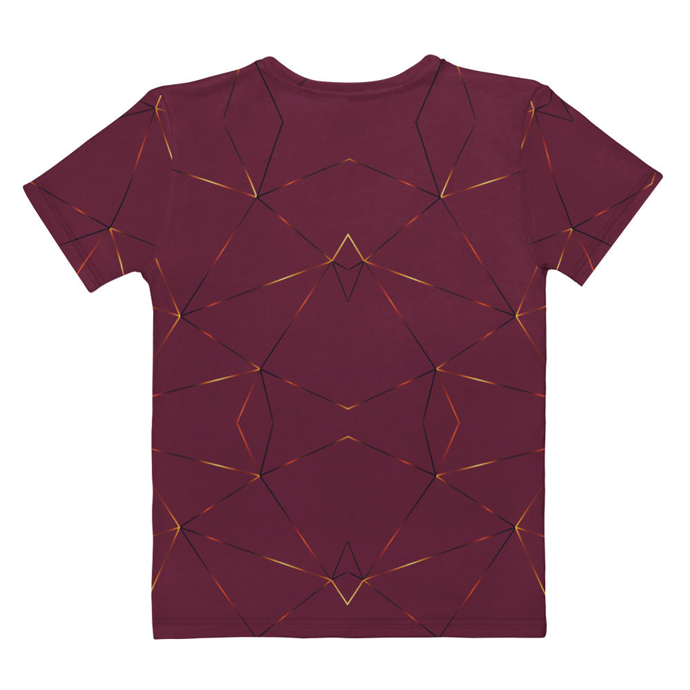 This custom designed handmade women's t-shirt is maroon in color with gold lines throughout the shirt in a geometric patterns, the lines are different shades of gold making it look like it is glowing on the shirt.