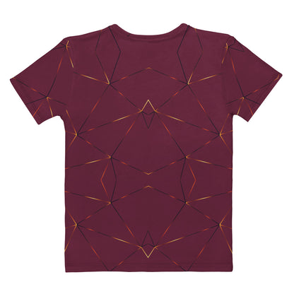 This custom designed handmade women's t-shirt is maroon in color with gold lines throughout the shirt in a geometric patterns, the lines are different shades of gold making it look like it is glowing on the shirt.
