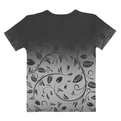 This custom women's handmade tee has a ombre pattern with the top of the shirt being a slate grey color then fading to a light grey at the waistline, there is a floral design with leaves and vines overlayed over the ombre pattern, the leaves are the same color as the dark slate color at the top of the shirt.