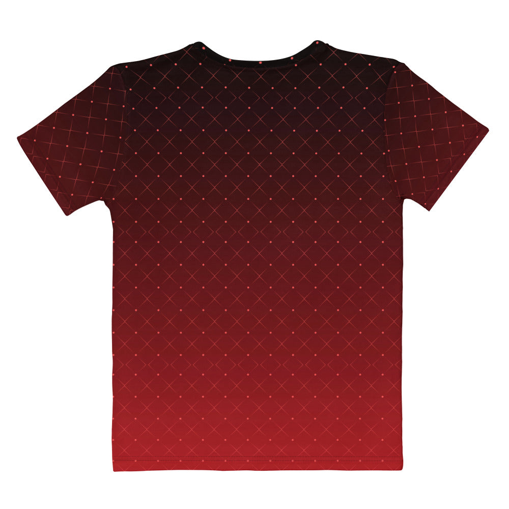This completely custom women's shirt has a ombre pattern with it starting as a deep crimson red at the neckline of the shirt then fading to a bright red at the waistline, there is a crisscross pattern overlayed on the top in a light red color that makes the design look like it is glowing.