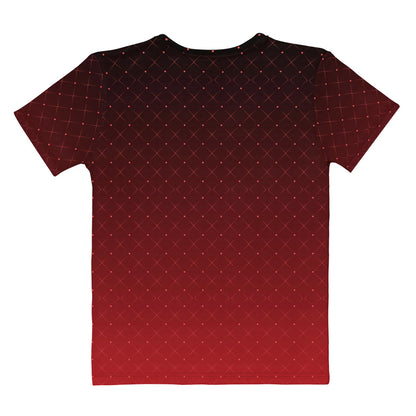 This completely custom women's shirt has a ombre pattern with it starting as a deep crimson red at the neckline of the shirt then fading to a bright red at the waistline, there is a crisscross pattern overlayed on the top in a light red color that makes the design look like it is glowing.