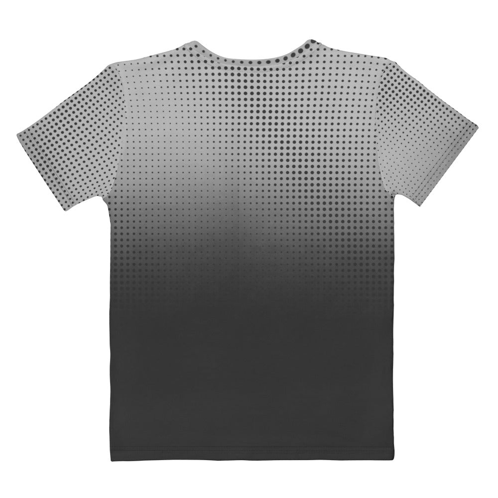This custom super soft women's handmade t-shirt has an ombre pattern with the top of the shirt being a light grey color, that then fades to a dark slate grey at the bottom of the shirt, there is a gradient dot pattern overlayed on the top of the ombre design that is the same color as the dark slate grey at the bottom.