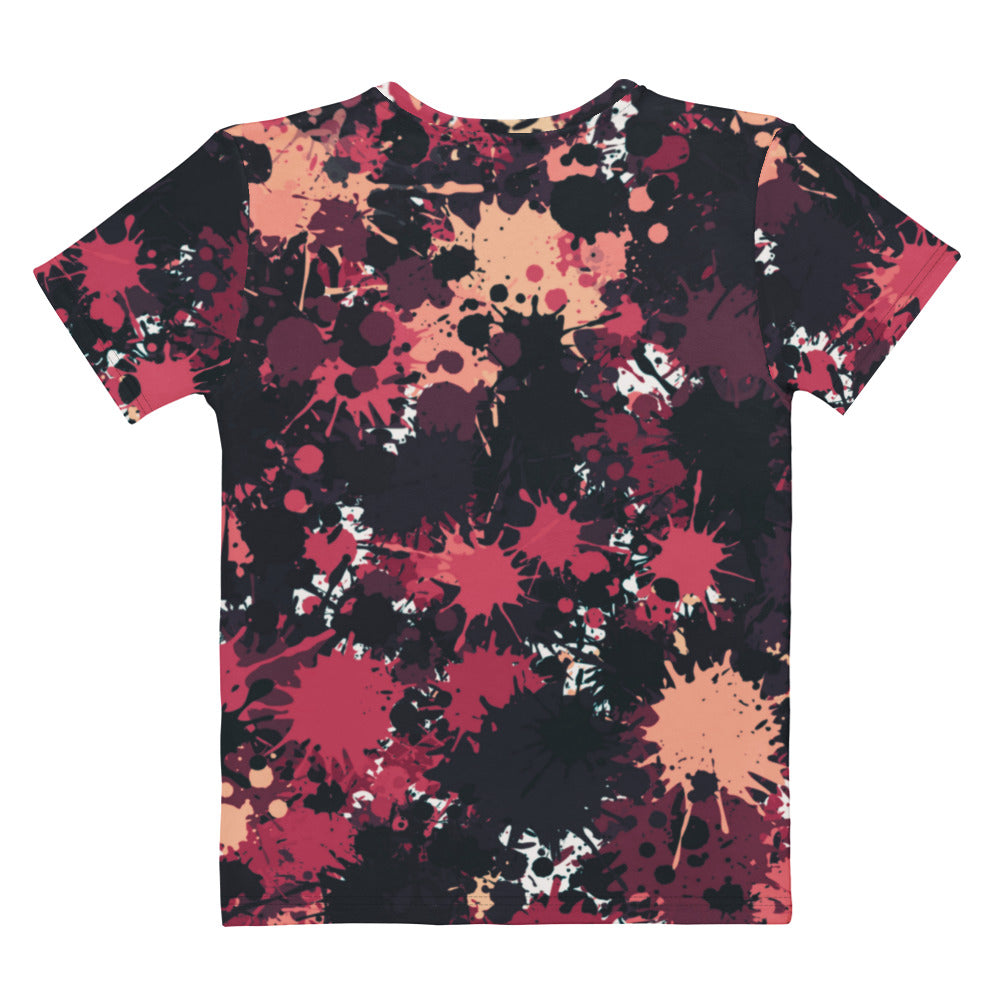 This completely custom super soft handmade women's t-shirt is all black with a bunch of different color paint splashes all over the shirt from red, pink, peach, burgundy, maroon and white. This shirt is perfect for painters or people who love art