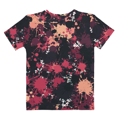 This completely custom super soft handmade women's t-shirt is all black with a bunch of different color paint splashes all over the shirt from red, pink, peach, burgundy, maroon and white. This shirt is perfect for painters or people who love art
