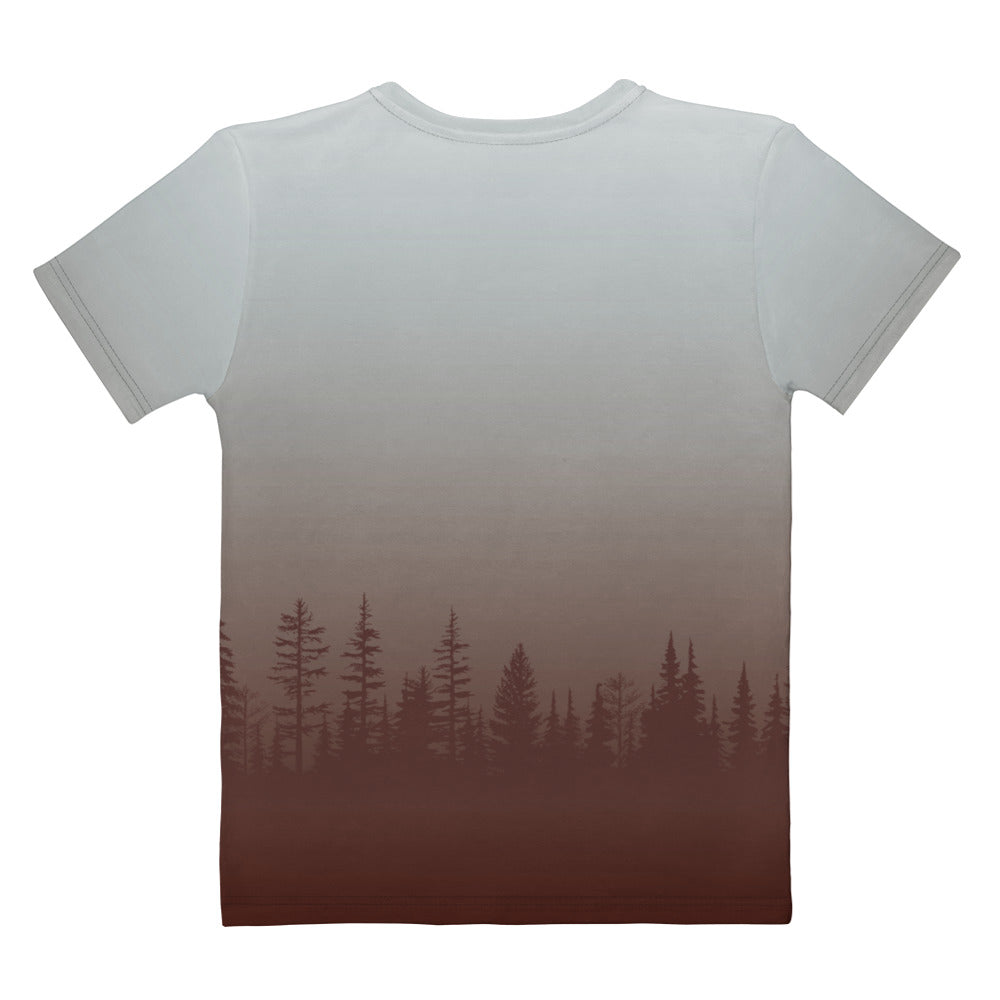 This custom handmade women's short sleeve shirt has an ombre pattern with the bottom of the shirt being a solid maroon color then it fading to a light grey by the time it gets to the neckline, right when the color changes from maroon to grey there are a row of maroon colored pine trees fading into the grey.