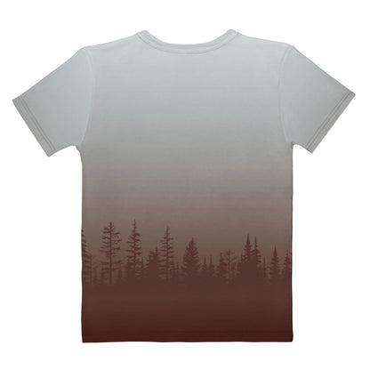 This custom handmade women's short sleeve shirt has an ombre pattern with the bottom of the shirt being a solid maroon color then it fading to a light grey by the time it gets to the neckline, right when the color changes from maroon to grey there are a row of maroon colored pine trees fading into the grey.