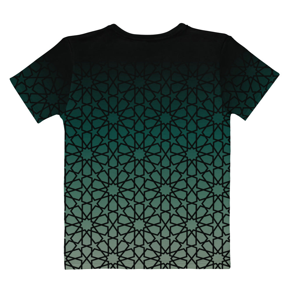This super soft custom handmade women's tee has a unique and custom ombre floral design, with the top of the shirt being a dark jade green then it fades to a light green at the bottom, there is a dark jade green floral pattern overlayed across the entire shirt.