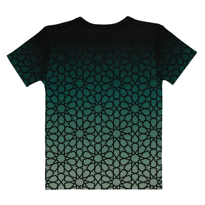 This super soft custom handmade women's tee has a unique and custom ombre floral design, with the top of the shirt being a dark jade green then it fades to a light green at the bottom, there is a dark jade green floral pattern overlayed across the entire shirt.