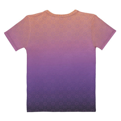 This completely custom handmade women's short sleeve tee has an ombre floral pattern with the shirt being a peach color at the neckline then fading to a lilac purple in the middle then a dark purple at the bottom, there is a lilac purple floral pattern overlayed across the top of the ombre design.