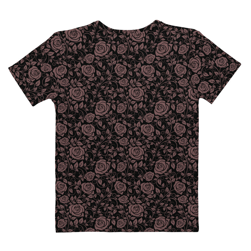 This completely custom women's handmade short sleeve t-shirt is all black with mauve colored roses all over the shirt.