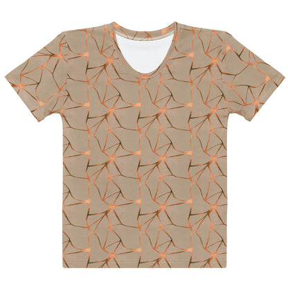 This all over print handmade women's custom t-shirt is beige all over with copper lines that go in a abstract pattern, the copper lines shine more in some places then in others giving it a metallic look.