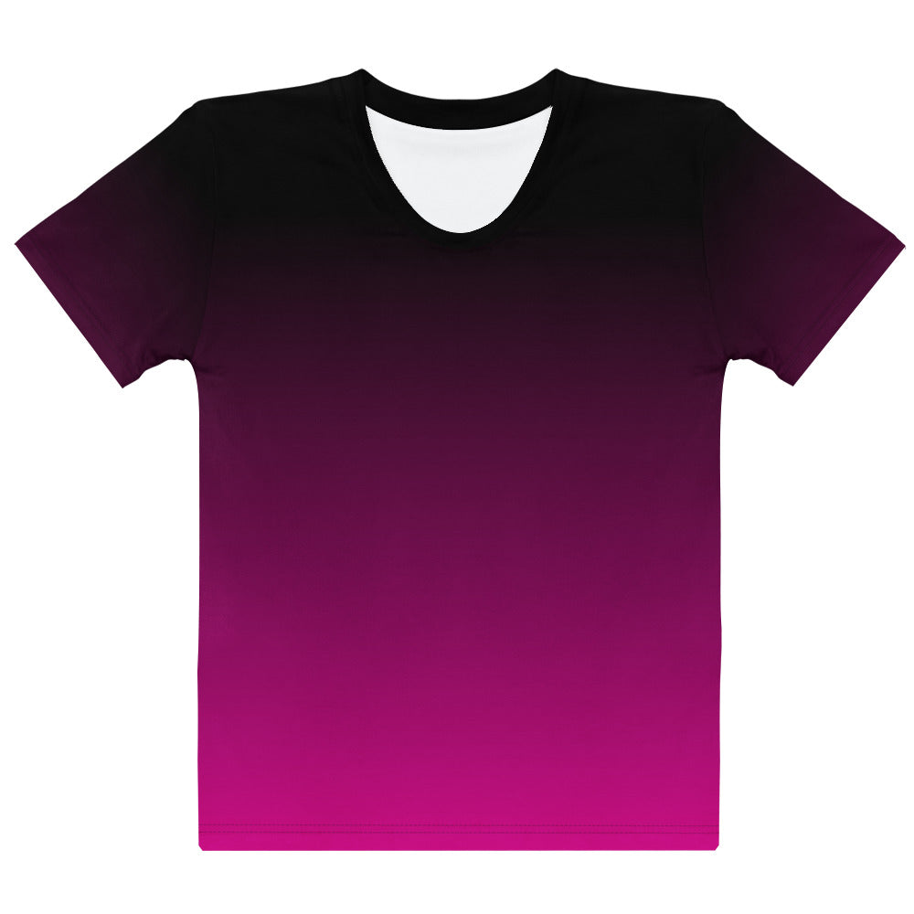 This custom handmade women's short sleeve shirt is a vibrant hot pink at the bottom then it fades in a ombre pattern to a black up at the neckline.