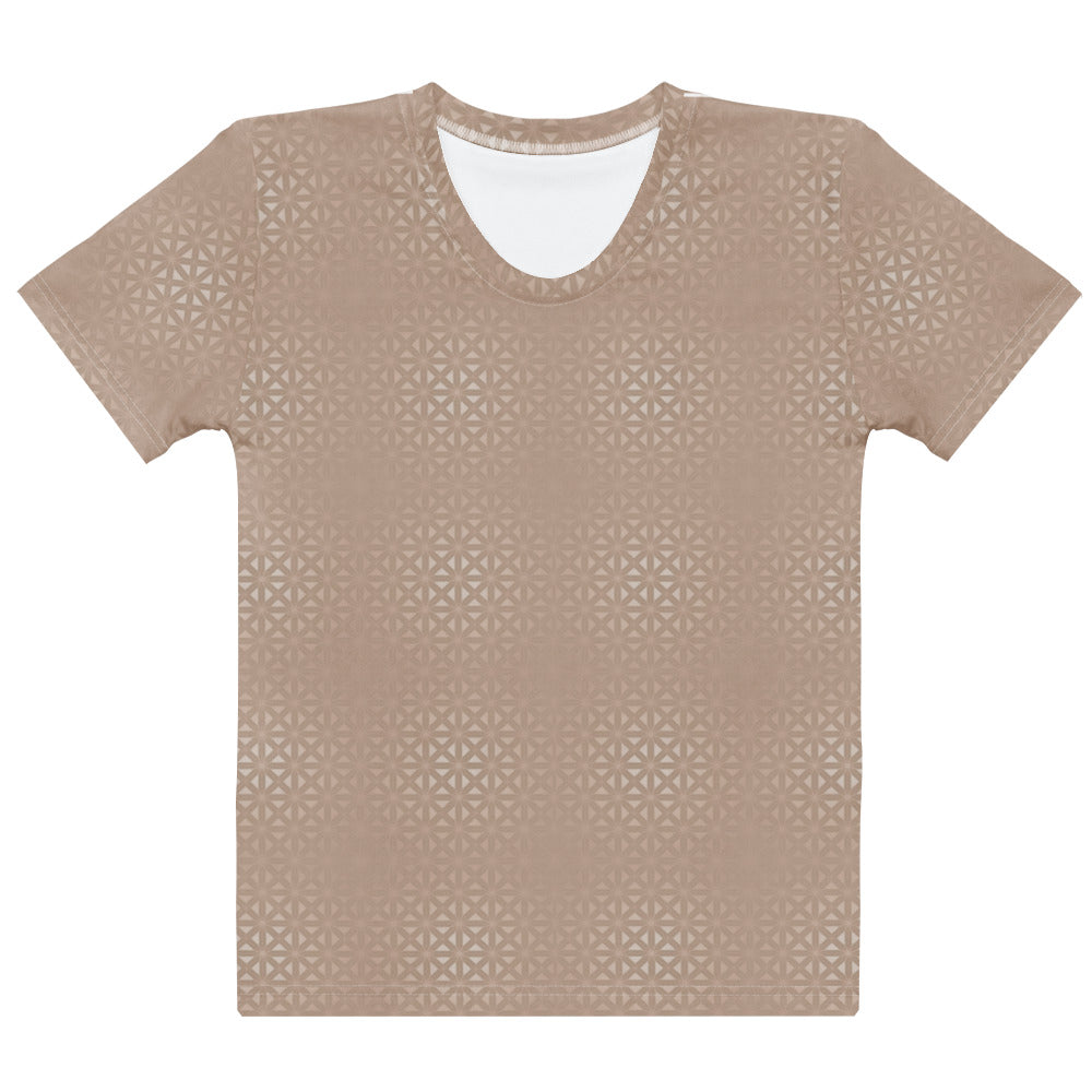 This super soft handmade custom women's shirt is a light beige color with even lighter metallic lines overlayed overtop, it looks like a floral pattern across the entire shirt.